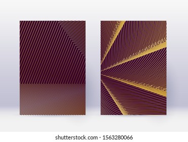 Cover design template set. Abstract lines modern brochure layout. Gold vibrant halftone gradients on maroon background. Cool brochure, catalog, poster, book etc.