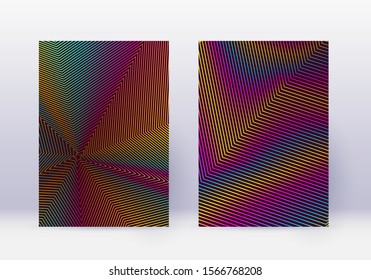 Cover design template set. Abstract lines modern brochure layout. Rainbow vibrant halftone gradients on wine red background. Dazzling brochure, catalog, poster, book etc.