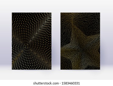 Cover design template set. Abstract lines modern brochure layout. Gold vibrant halftone gradients on black background. Positive brochure, catalog, poster, book etc.