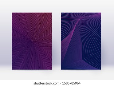 Cover design template set. Abstract lines modern brochure layout. Violet vibrant halftone gradients on dark background. Vibrant brochure, catalog, poster, book etc.