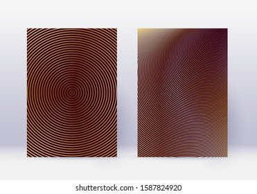 Cover design template set. Abstract lines modern brochure layout. Gold vibrant halftone gradients on maroon background. Bewitching brochure, catalog, poster, book etc.