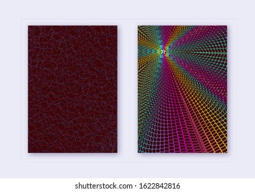 Cover design template set. Abstract lines modern brochure layout. Rainbow vibrant halftone gradients on wine red background. Adorable brochure, catalog, poster, book etc.