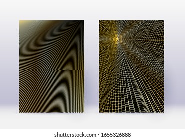 Conjunto de plantillas de diseño de portada. Líneas abstractas y diseño moderno de folletos. Gradientes dorados vibrantes de medio tono sobre fondo negro. Folleto agradable, catálogo, afiche, libro, etc.
