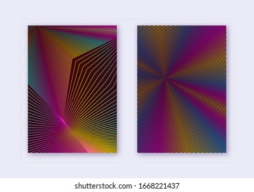 Cover design template set. Abstract lines modern brochure layout. Rainbow vibrant halftone gradients on wine red background. Wondrous brochure, catalog, poster, book etc.