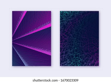 Cover design template set. Abstract lines modern brochure layout. Neon vibrant halftone gradients on dark blue background. Quaint brochure, catalog, poster, book etc.