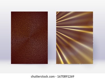 Cover design template set. Abstract lines modern brochure layout. Gold vibrant halftone gradients on maroon background. Delicate brochure, catalog, poster, book etc.