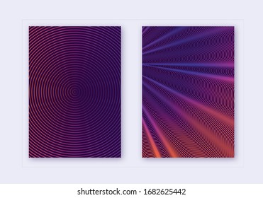 Cover design template set. Abstract lines modern brochure layout. Violet vibrant halftone gradients on dark background. Trending brochure, catalog, poster, book etc.