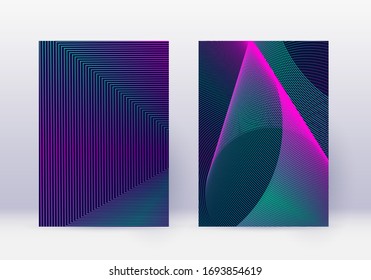 Cover design template set. Abstract lines modern brochure layout. Neon vibrant halftone gradients on dark blue background. Ravishing brochure, catalog, poster, book etc.
