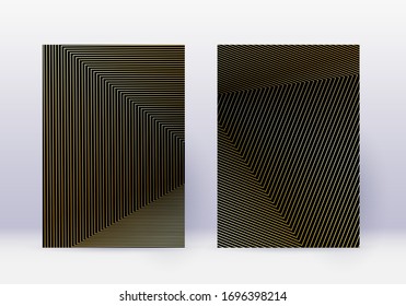 Cover design template set. Abstract lines modern brochure layout. Gold vibrant halftone gradients on black background. Marvelous brochure, catalog, poster, book etc.