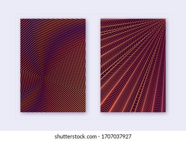 Cover design template set. Abstract lines modern brochure layout. Orange vibrant halftone gradients on wine-red background. Fresh brochure, catalog, poster, book etc.