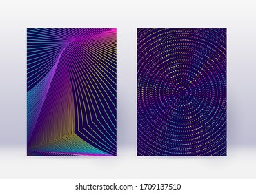 Cover design template set. Abstract lines modern brochure layout. Rainbow vibrant halftone gradients on dark blue background. Incredible brochure, catalog, poster, book etc.