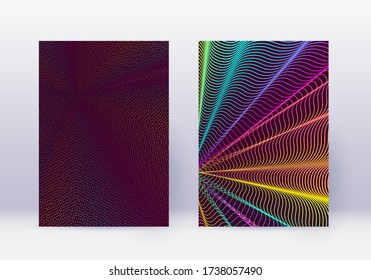 Cover design template set. Abstract lines modern brochure layout. Rainbow vibrant halftone gradients on wine red background. Admirable brochure, catalog, poster, book etc.