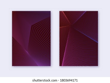 Conjunto de plantillas de diseño de portada. Líneas abstractas de diseño moderno de folletos. Gradientes de medio tono violento y vibrante sobre fondo oscuro. Folleto impresionante, catálogo, afiche, libro, etc.