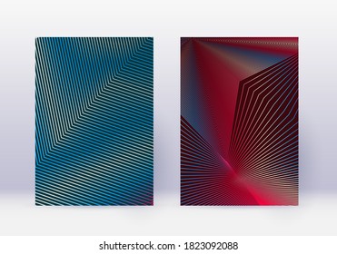 Cover design template set. Abstract lines modern brochure layout. Red vibrant halftone gradients on white blue background. Exquisite brochure, catalog, poster, book etc.