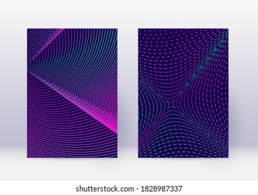 Cover design template set. Abstract lines modern brochure layout. Neon vibrant halftone gradients on dark blue background. Stylish brochure, catalog, poster, book etc.