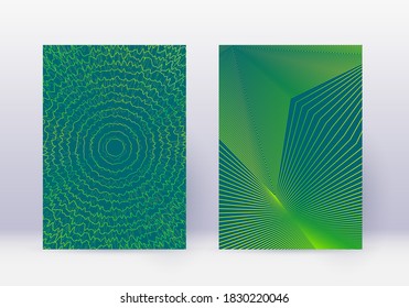 Cover design template set. Abstract lines modern brochure layout. Green vibrant halftone gradients on dark background. Original brochure, catalog, poster, book etc.