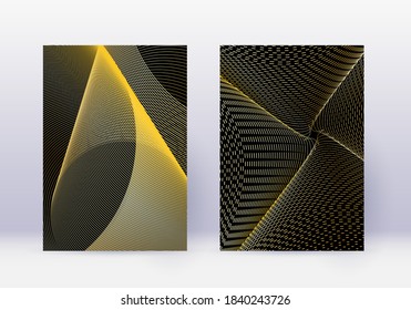 Cover design template set. Abstract lines modern brochure layout. Gold vibrant halftone gradients on black background. Noteworthy brochure, catalog, poster, book etc.