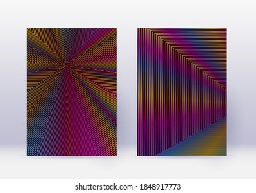 Cover design template set. Abstract lines modern brochure layout. Rainbow vibrant halftone gradients on wine red background. Bold brochure, catalog, poster, book etc.