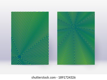 Cover design template set. Abstract lines modern brochure layout. Green vibrant halftone gradients on dark background. Magnificent brochure, catalog, poster, book etc.