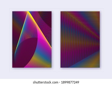 Cover design template set. Abstract lines modern brochure layout. Rainbow vibrant halftone gradients on wine red background. Unusual brochure, catalog, poster, book etc.
