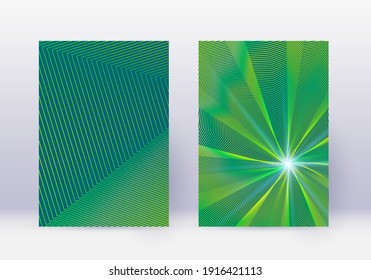 Conjunto de plantillas de diseño de portada. Líneas abstractas de diseño moderno de folletos. Gradientes de medio tono vibrante verde sobre fondo oscuro. Folleto ideal, catálogo, afiche, libro, etc.