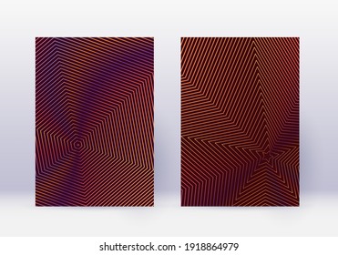 Cover design template set. Abstract lines modern brochure layout. Orange vibrant halftone gradients on wine red background. Dramatic brochure, catalog, poster, book etc.