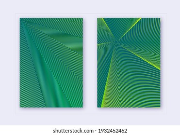 Conjunto de plantillas de diseño de portada. Líneas abstractas de diseño moderno de folletos. Gradientes de medio tono vibrante verde sobre fondo oscuro. Folleto magnético, catálogo, afiche, libro, etc.