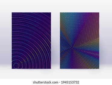 Cover design template set. Abstract lines modern brochure layout. Rainbow vibrant halftone gradients on dark blue background. Noteworthy brochure, catalog, poster, book etc.