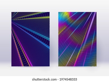 Cover design template set. Abstract lines modern brochure layout. Rainbow vibrant halftone gradients on dark blue background. Mind-blowing brochure, catalog, poster, book etc.