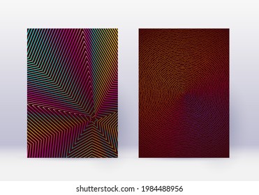Conjunto de plantillas de diseño de portada. Líneas abstractas de diseño moderno de folletos. Gradientes de semitono vibrantes del arcoiris sobre fondo rojo del vino. Folleto impresionante, catálogo, afiche, libro, etc.