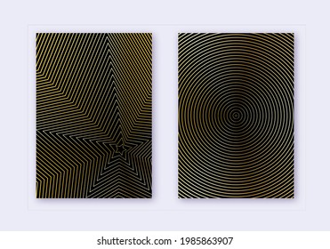 Cover design template set. Abstract lines modern brochure layout. Gold vibrant halftone gradients on black background. Majestic brochure, catalog, poster, book etc.