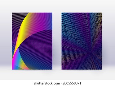 Conjunto de plantillas de diseño de portada. Líneas abstractas de diseño moderno de folletos. Gradientes de semitono vibrante arco iris sobre fondo azul oscuro. Folleto agradable, catálogo, afiche, libro, etc.