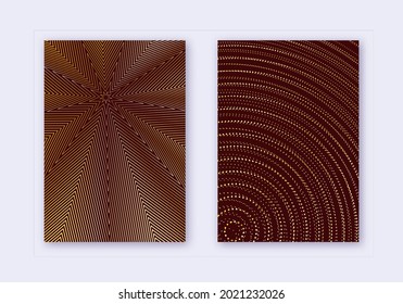 Conjunto de plantillas de diseño de portada. Líneas abstractas de diseño moderno de folletos. Gradientes dorados vibrantes de medio tono sobre fondo marrón. Folleto atractivo, catálogo, afiche, libro, etc.