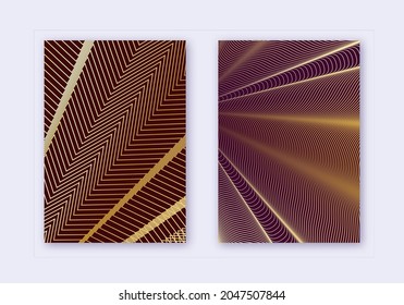 Cover design template set. Abstract lines modern brochure layout. Gold vibrant halftone gradients on maroon background. Energetic brochure, catalog, poster, book etc.