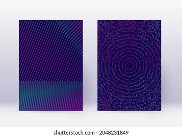 Cover design template set. Abstract lines modern brochure layout. Neon vibrant halftone gradients on dark blue background. Authentic brochure, catalog, poster, book etc.