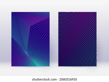 Cover design template set. Abstract lines modern brochure layout. Neon vibrant halftone gradients on dark blue background. Splendid brochure, catalog, poster, book etc.