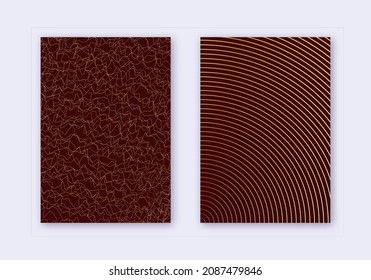 Cover design template set. Abstract lines modern brochure layout. Gold vibrant halftone gradients on maroon background. Beautiful brochure, catalog, poster, book etc.
