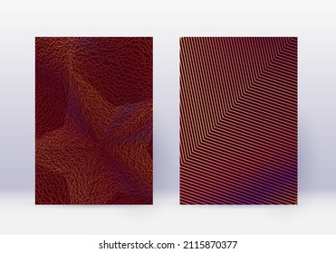 Cover design template set. Abstract lines modern brochure layout. Orange vibrant halftone gradients on wine red background. Cool brochure, catalog, poster, book etc.