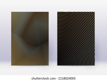 Cover design template set. Abstract lines modern brochure layout. Gold vibrant halftone gradients on black background. Symmetrical brochure, catalog, poster, book etc.