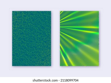 Conjunto de plantillas de diseño de portada. Líneas abstractas de diseño moderno de folletos. Gradientes de medio tono vibrante verde sobre fondo oscuro. Folleto popular, catálogo, afiche, libro, etc.