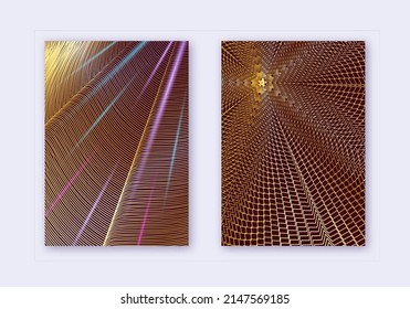 Cover design template set. Abstract lines modern brochure layout. Gold vibrant halftone gradients on maroon background. Adorable brochure, catalog, poster, book etc.