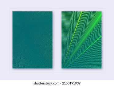 Cover design template set. Abstract lines modern brochure layout. Green vibrant halftone gradients on dark background. Lively brochure, catalog, poster, book etc.