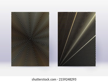 Cover design template set. Abstract lines modern brochure layout. Gold vibrant halftone gradients on black background. Magnificent brochure, catalog, poster, book etc.