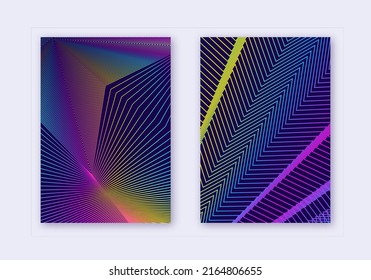 Conjunto de plantillas de diseño de portada. Líneas abstractas de diseño moderno de folletos. Gradientes de semitono vibrante arco iris sobre fondo azul oscuro. Folleto indeleble, catálogo, afiche, libro, etc.