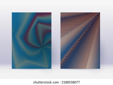 Cover design template set. Abstract lines modern brochure layout. Red vibrant halftone gradients on white blue background. Ecstatic brochure, catalog, poster, book etc.