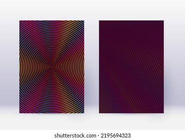 Cover design template set. Abstract lines modern brochure layout. Rainbow vibrant halftone gradients on wine red background. Unique brochure, catalog, poster, book etc.
