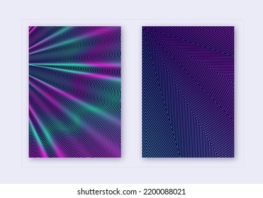 Cover design template set. Abstract lines modern brochure layout. Neon vibrant halftone gradients on dark blue background. Trending brochure, catalog, poster, book etc.