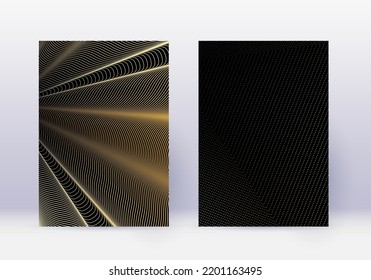 Cover Design Template Set. Abstract Lines Modern Brochure Layout. Gold Vibrant Halftone Gradients On Black Background. Terrific Brochure, Catalog, Poster, Book Etc.