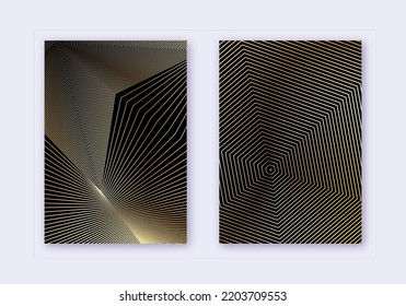 Cover Design Template Set. Abstract Lines Modern Brochure Layout. Gold Vibrant Halftone Gradients On Black Background. Perfect Brochure, Catalog, Poster, Book Etc.