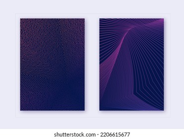 Cover Design Template Set. Abstract Lines Modern Brochure Layout. Violet Vibrant Halftone Gradients On Dark Background. Unique Brochure, Catalog, Poster, Book Etc.